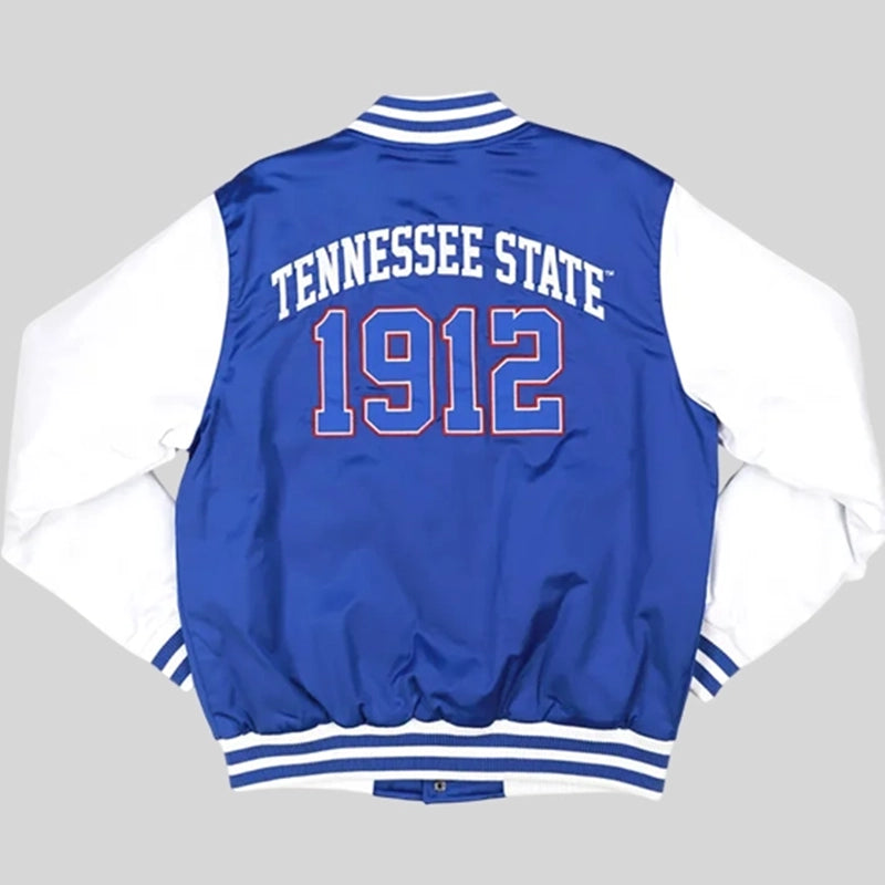 Tennessee State Royal Baseball Jacket Jacket unisex detail view 2 | Dash Racegear — Tennessee State-inspired royal jacket with sporty detailing and crisp finishes.