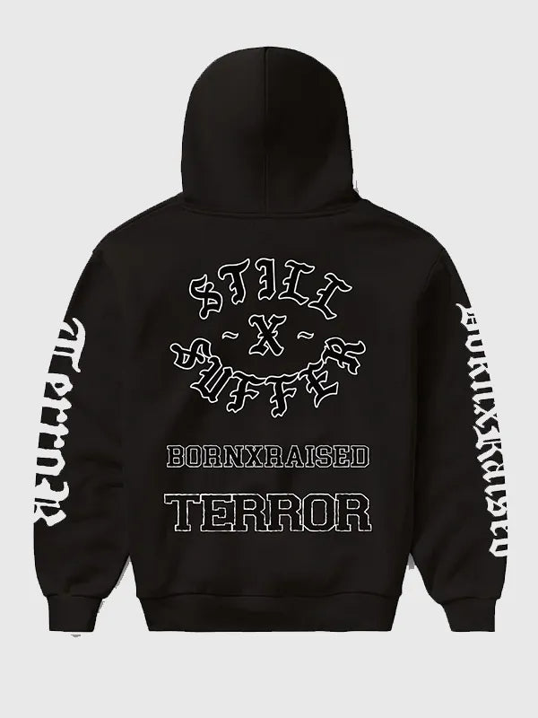 Born x Raised + Terror Rocker Hoodie Hoodie unisex front product view | Dash Racegear — Born x Raised + Terror Rocker 2026 black hoodie, unisex streetwear fit, soft fleece comfort for casual city style.