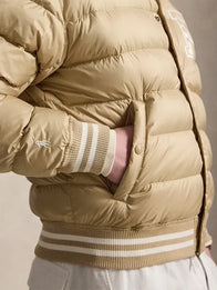 Polo Ralph Lauren The Colden Quilted Letter Jacket Jacket unisex detail view 2 | Dash Racegear — 2026 Ralph Lauren Colden puffer jacket, tan brown quilted design for modern luxury casual streetwear style.