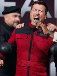 The Running Man 2025 Glen Powell Red Jacket Jacket unisex front product view | Dash Racegear — The Running Man Glen Powell Red Action Jacket 2025