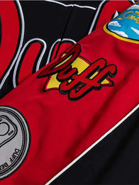 The Simpsons x Shoe Palace Duff Man Racing Jacket Jacket unisex detail view 3 | Dash Racegear — Black and red Shoe Palace x The Simpsons Duff Man Racing bomber jacket crafted for lightweight comfort and versatile casual fashion.