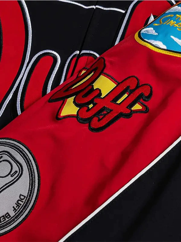 The Simpsons x Shoe Palace Duff Man Racing Jacket Jacket unisex detail view 3 | Dash Racegear — Black and red Shoe Palace x The Simpsons Duff Man Racing bomber jacket crafted for lightweight comfort and versatile casual fashion.