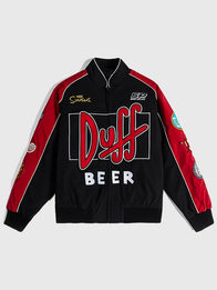 The Simpsons x Shoe Palace Duff Man Racing Jacket Jacket unisex front product view | Dash Racegear — Shoe Palace x The Simpsons Black & Red Duff Man Racing Bomber Jacket 2026 featuring premium comfort and bold animated-inspired streetwear style.