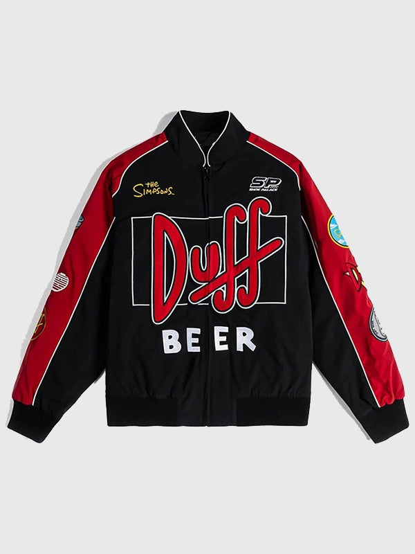 The Simpsons x Shoe Palace Duff Man Racing Jacket Jacket unisex front product view | Dash Racegear — Shoe Palace x The Simpsons Black & Red Duff Man Racing Bomber Jacket 2026 featuring premium comfort and bold animated-inspired streetwear style.