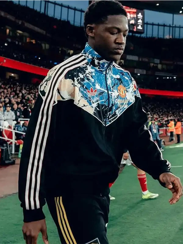Manchester United x Adidas x The Stone Roses Jacket Jacket unisex detail view 2 | Dash Racegear — Unisex Adidas Stone Roses x Manchester United black track jacket, comfortable layer for game days or casual wear.