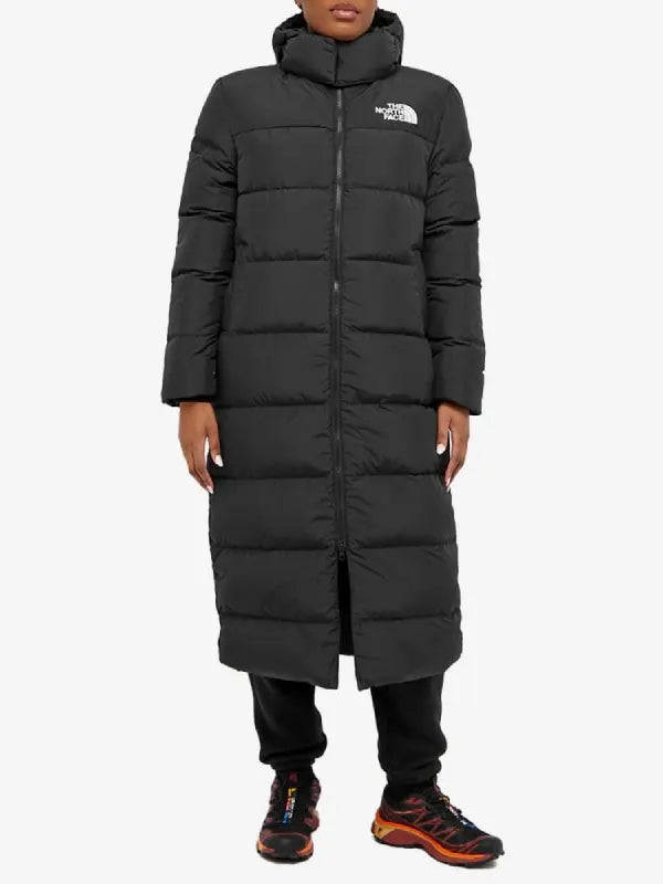 The North Face Long Puffer Jacket Puffer Jacket unisex front product view | Dash Racegear — The North Face Women's Long Hooded Puffer Jacket in black, insulated design, ideal for cold weather and outdoor wear.