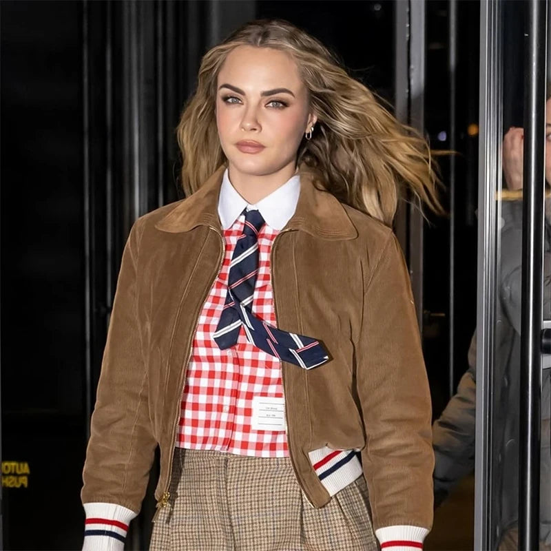 Thom Browne Show Cara Delevingne Brown Corduroy Jacket Jacket unisex front product view | Dash Racegear — Cara Delevingne in Thom Browne Brown Corduroy Jacket – Effortless Style and Luxury