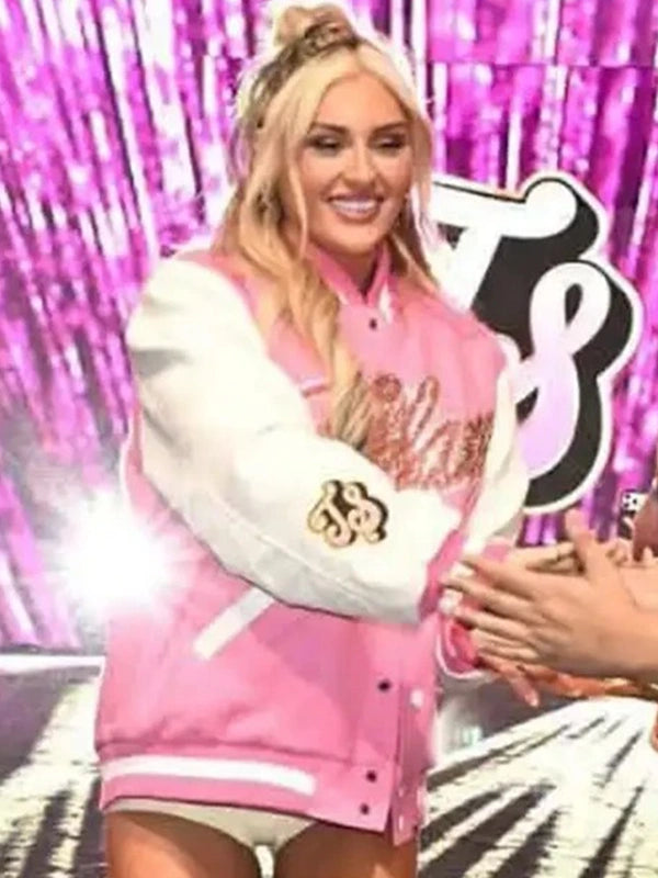 Tiffy Fanatics Fest NYC 2026 Varsity Jacket Varsity Jacket unisex detail view 2 | Dash Racegear — Pink and white Tiffany Stratton WWE varsity jacket celebrating Fanatics Fest NYC 2026 with timeless athletic fashion.