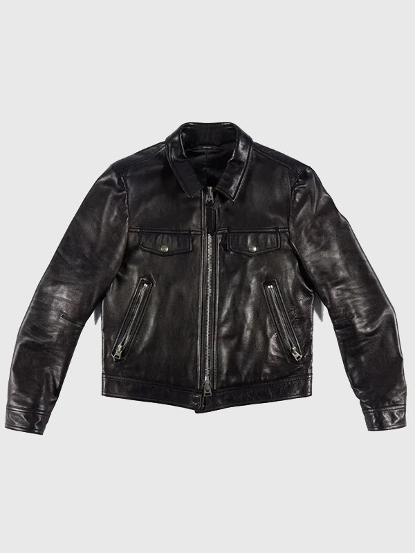 Jensen Huang Signature Black Leather Trucker Jacket Jacket unisex detail view 2 | Dash Racegear — NVIDIA CEO Jensen Huang Signature Tom Ford Black Leather Trucker Jacket featuring premium craftsmanship and timeless luxury-inspired everyday style.