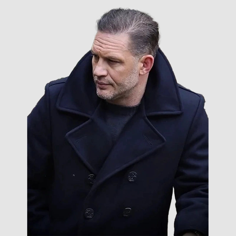 MobLand 2025 Tom Hardy Black Wool Coat Jacket unisex detail view 3 | Dash Racegear — Iconic MobLand 2025 Tom Hardy Black Wool Trench Coat