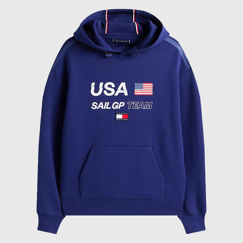 Tommy x US SailGP Team Hoodie Hoodie unisex front product view | Dash Racegear — Navy Tommy Hilfiger SailGP fleece hoodie for men and women