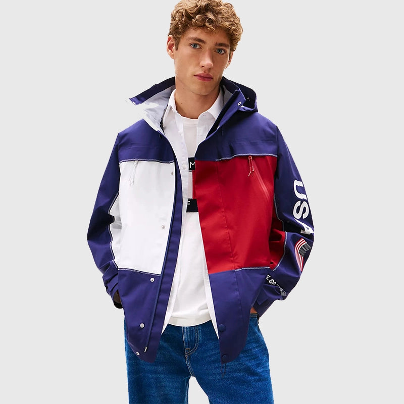 Tommy x US SailGP Team Tech Jacket Jacket unisex front product view | Dash Racegear — Front view of Tommy Hilfiger x US SailGP 2025 Team Tech Hooded Jacket in navy with logo details.