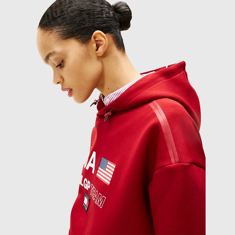 Tommy x US SailGP Team Hoodie Hoodie unisex detail view 6 | Dash Racegear — Tommy Hilfiger SailGP logo hoodie in red fleece material