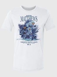Auston Matthews Maple Leafs All Time Goals Leader T-Shirt Shirt unisex front product view | Dash Racegear — Fans love the Auston Matthews White T-Shirt for everyday wear or showing support at hockey games.