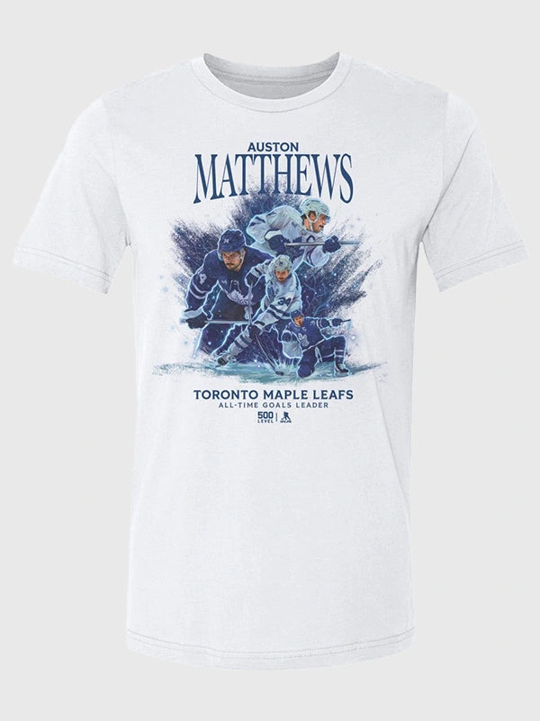 Auston Matthews Maple Leafs All Time Goals Leader T-Shirt Shirt unisex front product view | Dash Racegear — Fans love the Auston Matthews White T-Shirt for everyday wear or showing support at hockey games.