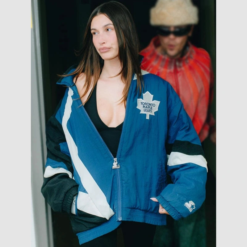 Hailey Bieber Toronto Maple Leafs Starter Jacket Jacket unisex detail view 6 | Dash Racegear — Hailey Bieber Sports Jacket – Maple Leafs Starter Style