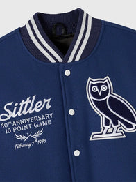 OVO Darryl Sittler Toronto Maple Leafs Varsity Jacket Varsity Jacket unisex detail view 3 | Dash Racegear — OVO 2026 Toronto Maple Leafs Darryl Sittler varsity jacket blue wool with leather sleeves, cozy and sharp for winter outings.