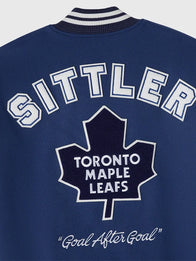 OVO Darryl Sittler Toronto Maple Leafs Varsity Jacket Varsity Jacket unisex detail view 4 | Dash Racegear — Toronto Maple Leafs OVO 2026 Darryl Sittler varsity jacket in blue, classic wool and leather design for fans’ everyday style.