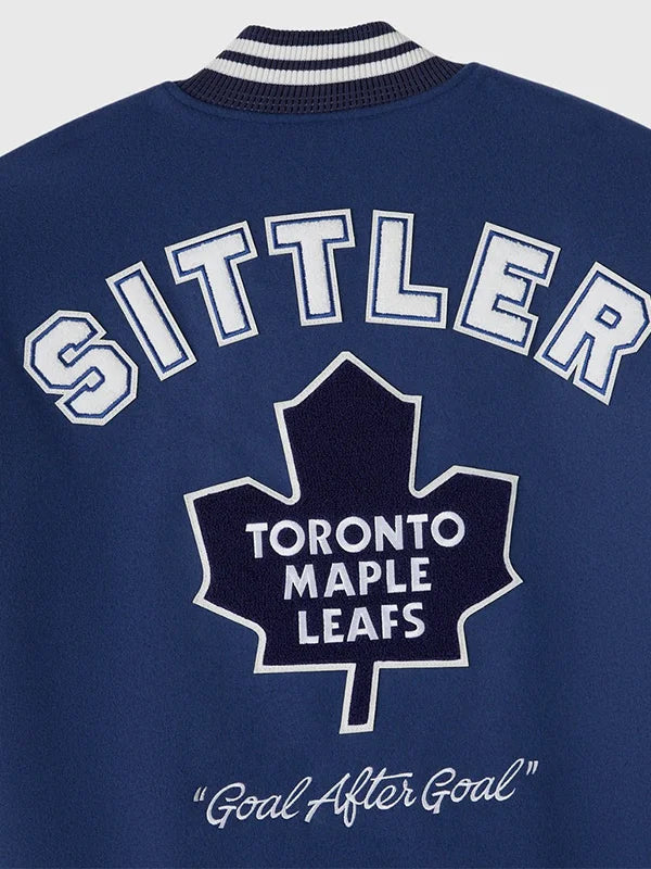 OVO Darryl Sittler Toronto Maple Leafs Varsity Jacket Varsity Jacket unisex detail view 4 | Dash Racegear — Toronto Maple Leafs OVO 2026 Darryl Sittler varsity jacket in blue, classic wool and leather design for fans’ everyday style.