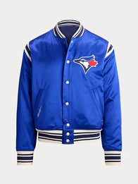 Polo Ralph Lauren Blue Jays Jacket Jacket unisex front product view | Dash Racegear — Ralph Lauren x MLB Toronto Blue Jays satin varsity bomber jacket, perfect for fans and style.