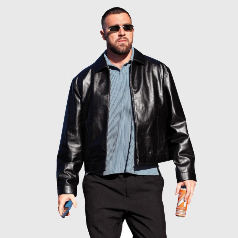 Travis Kelce Black Leather Jacket Leather Jacket unisex detail view 3 | Dash Racegear — Travis Kelce fashion statement with timeless black jacket