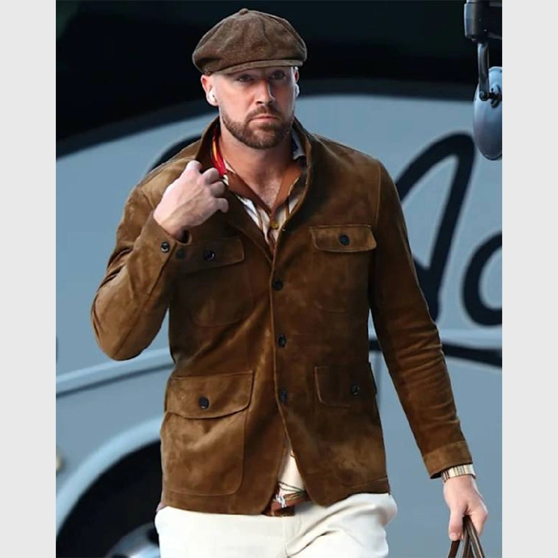 Travis Kelce Cashmere Suede Military Jacket Jacket unisex front product view | Dash Racegear — Modern military jacket in rich cashmere suede inspired by Travis Kelce