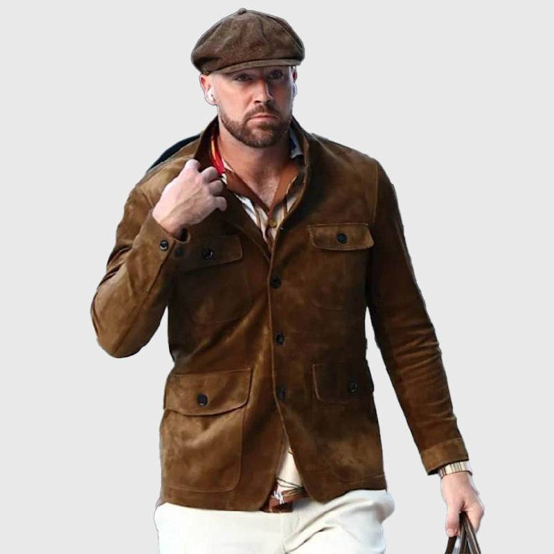 Travis Kelce Cashmere Suede Military Jacket Jacket unisex detail view 5 | Dash Racegear — Travis Kelce soft cashmere suede jacket perfect for fall layering