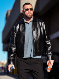 Travis Kelce Black Leather Jacket Leather Jacket unisex front product view | Dash Racegear — Celebrity-inspired Travis Kelce black leather outerwear trend