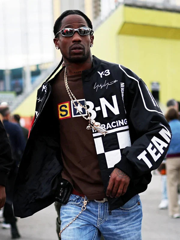 Las Vegas F1 Grand Prix Travis Scott Adidas Y3-N Jacket Jacket unisex detail view 4 | Dash Racegear — Black F1 racing jacket with clean lines, zip closure, and slight movement along sleeves for stylish streetwear or fan events