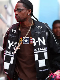 Las Vegas F1 Grand Prix Travis Scott Adidas Y3-N Jacket Jacket unisex detail view 3 | Dash Racegear — Adidas Y3-N Travis Scott black jacket showing glossy finish, subtle stitching accents, and comfortable fit for urban or racing events