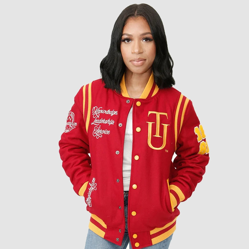 Tuskegee University Varsity Jacket Varsity Jacket unisex front product view | Dash Racegear — Celebrate legacy and pride with this Tuskegee University varsity jacket.