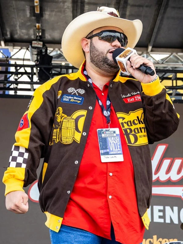 NASCAR Cup Series Cracker Barrel 400 Racing Jacket Jacket unisex front product view | Dash Racegear — Brown twill racing jacket from Cracker Barrel 400 2026 Nashville Superspeedway race week edition