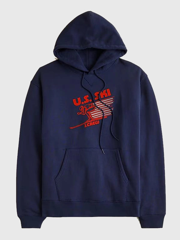 U.S. Ski & Snowboard by J.Crew Hoodie Hoodie unisex front product view | Dash Racegear — Navy J.Crew Pullover Hoodie, U.S. Ski & Snowboard edition, cozy fit and stylish for winter casual wear.