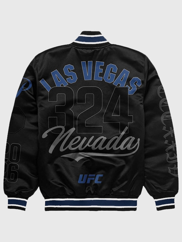 UFC 324 Las Vegas Bomber Jacket Bomber Jacket unisex detail view 2 | Dash Racegear — UFC 324 Las Vegas full-snap bomber jacket for men, black and versatile for streetwear or fan collections.