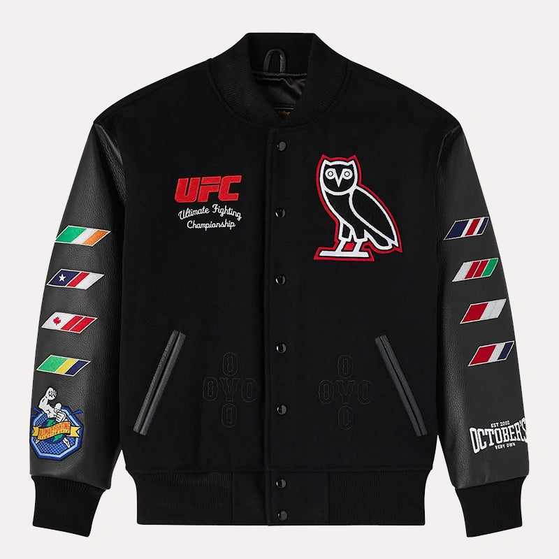 OVO x UFC Championship Varsity Jacket Varsity Jacket unisex front product view | Dash Racegear — OVO Championship Jacket – UFC Varsity Streetwear Fit