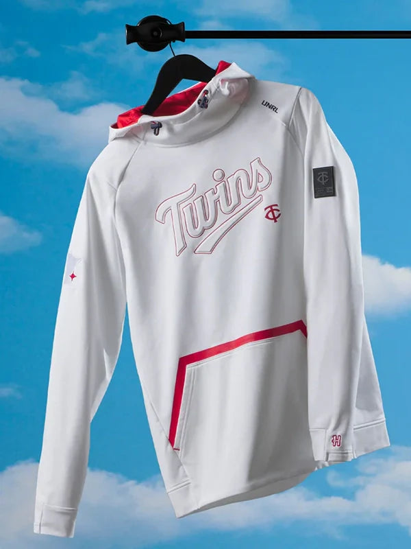 UNRL x Twins Crossover Hoodie II Hoodie unisex front product view | Dash Racegear — UNRL x Minnesota Twins white crossover fleece hoodie II, perfect for fans and cozy wear.