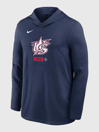 USA 2026 World Baseball Classic Long Sleeve Hoodie T-Shirt Hoodie unisex front product view | Dash Racegear — USA Baseball 2026 World Baseball Classic navy long sleeve hoodie T-shirt by Nike, breathable Dri-FIT for fans.