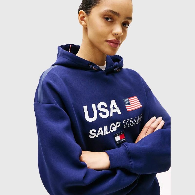 Tommy x US SailGP Team Hoodie Hoodie unisex detail view 5 | Dash Racegear — Tommy Hilfiger SailGP team unisex navy fleece pullover hoodie
