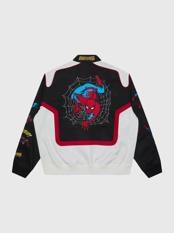 Undefeated x Spider-Man FW26 Varsity Jacket Varsity Jacket unisex detail view 6 | Dash Racegear — Black and white Undefeated x Spider-Man FW26 cotton varsity jacket crafted for premium comfort and versatile casual fashion.