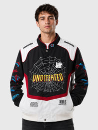 Undefeated x Spider-Man FW26 Varsity Jacket Varsity Jacket unisex front product view | Dash Racegear — FW26 Undefeated x Spider-Man Men's Black & White Cotton Varsity Jacket featuring premium comfort and bold streetwear-inspired style.