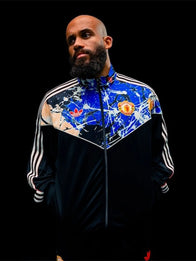 Manchester United x adidas Stone Roses Track Jacket Jacket unisex front product view | Dash Racegear — Men & Women 2026 Manchester United x Adidas Stone Roses Black Track Jacket, perfect for casual, sporty, and fan-centered looks.