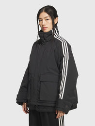Adidas 3S Black Padded Jacket Jacket unisex detail view 2 | Dash Racegear — Recreated Adidas oversized premium 3S black padded jacket crafted with structured padding and classic stripe accents
