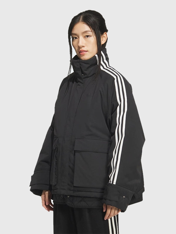 Adidas 3S Black Padded Jacket Jacket unisex detail view 2 | Dash Racegear — Recreated Adidas oversized premium 3S black padded jacket crafted with structured padding and classic stripe accents