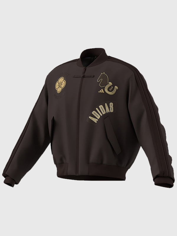 Adidas CNY Modern China Padded Bomber Jacket Bomber Jacket unisex detail view 2 | Dash Racegear — Chinese New Year 2026 3 Stripes recreation bomber jacket in brown offering padded comfort and modern streetwear appeal