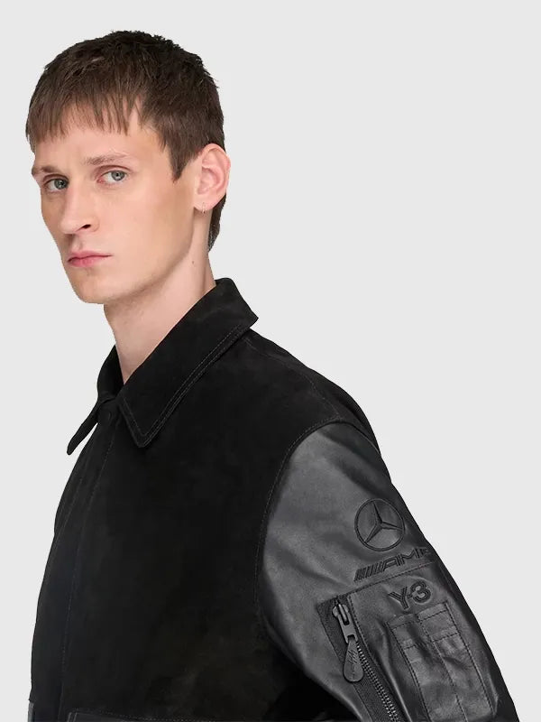 Adidas Y-3 x Mercedes Leather Racing Jacket Jacket unisex detail view 4 | Dash Racegear — 2026 Y-3 x Mercedes Adidas leather racing jacket in black, great for edgy casual looks.