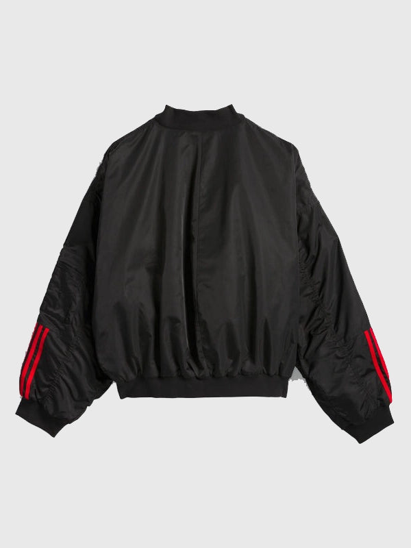 Adidas x Willy Chavarria Satin Bomber Jacket Bomber Jacket unisex detail view 2 | Dash Racegear — Adidas x Willy Chavarria 2025 Unisex Black Satin Bomber Jacket featuring sleek satin fabric and relaxed fit for urban style.