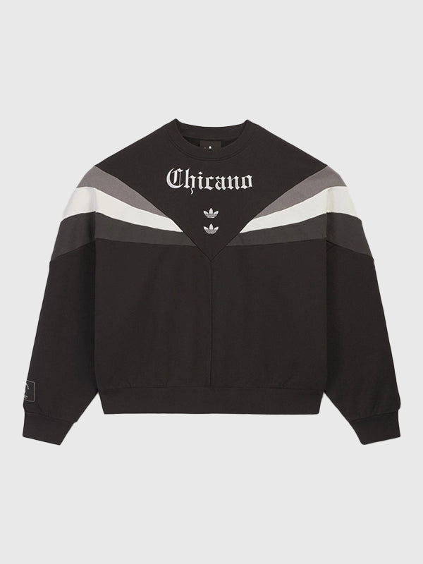 Adidas x Willy Chavarria Chicano Crewneck 2.0 Sweatshirt Sweatshirt unisex front product view | Dash Racegear — Adidas x Willy Chavarria black Chicano 2.0 sweatshirt with ribbed hem and cuffs, oversized fit, and striking front logo.