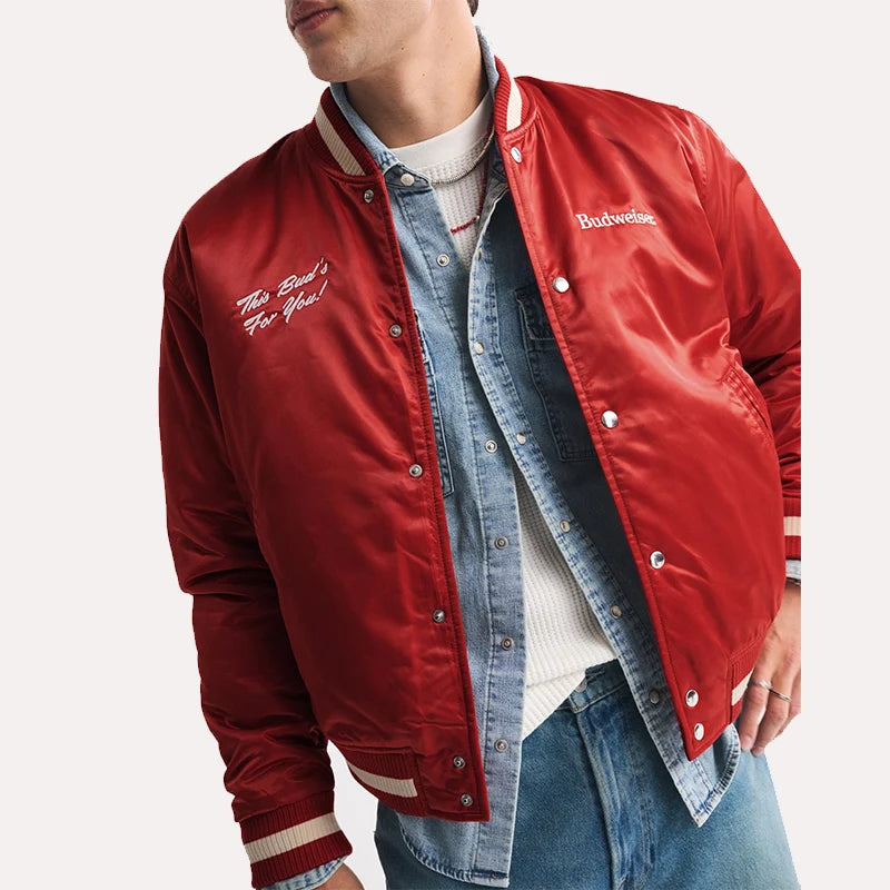 Abercrombie Budweiser Varsity Bomber Jacket Bomber Jacket unisex detail view 3 | Dash Racegear — Trendy Abercrombie Budweiser Bomber Jacket for Men and Women