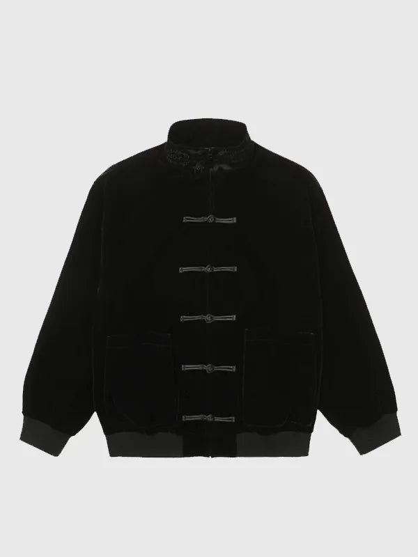 CLOT Velvet Jacket Jacket unisex front product view | Dash Racegear — Unisex CLOT black velvet jacket with soft sheen and relaxed fit, perfect for elevated streetwear vibes.