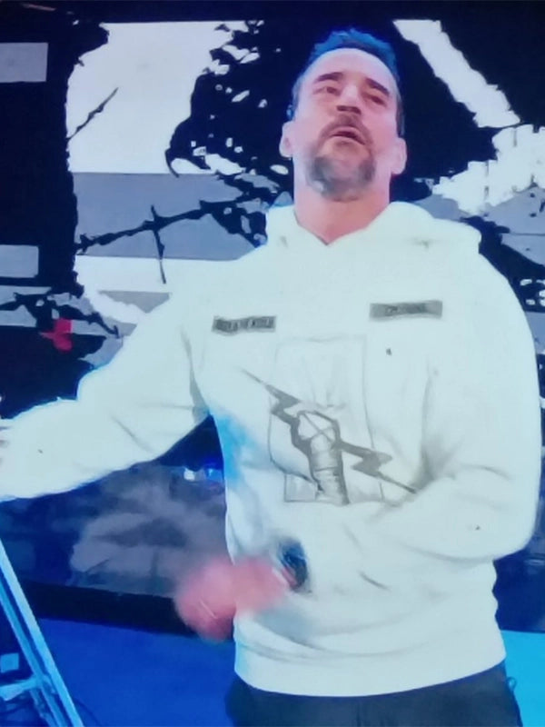 CM Punk Beige Hoodie Hoodie unisex detail view 2 | Dash Racegear — Limited edition WWE RAW 2025 Hoodie in White celebrating the CM Punk vs. Jey Uso Face-Off moment with vivid graphics.